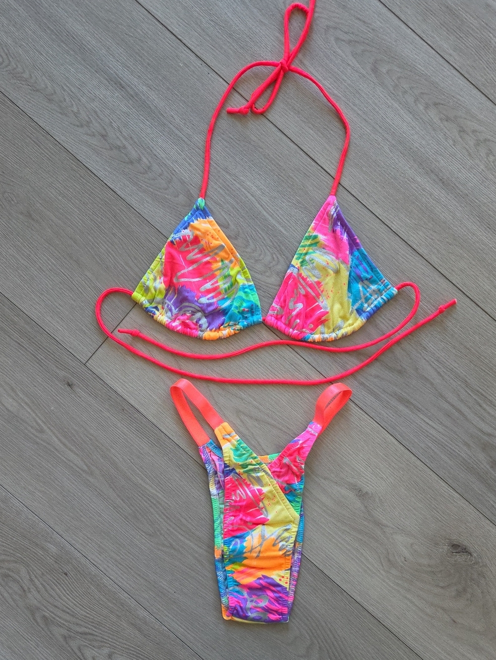 Vintage Venus Swimsuit Neon Graffiti Tie Dye Bikini Set, Size B & Small